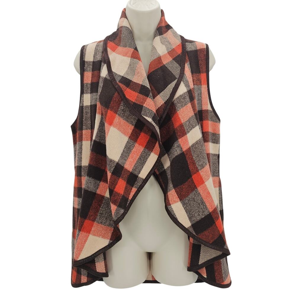 Favlux Fashion Womans size M Charlie Open Waterfall Plaid Vest Brown Orange